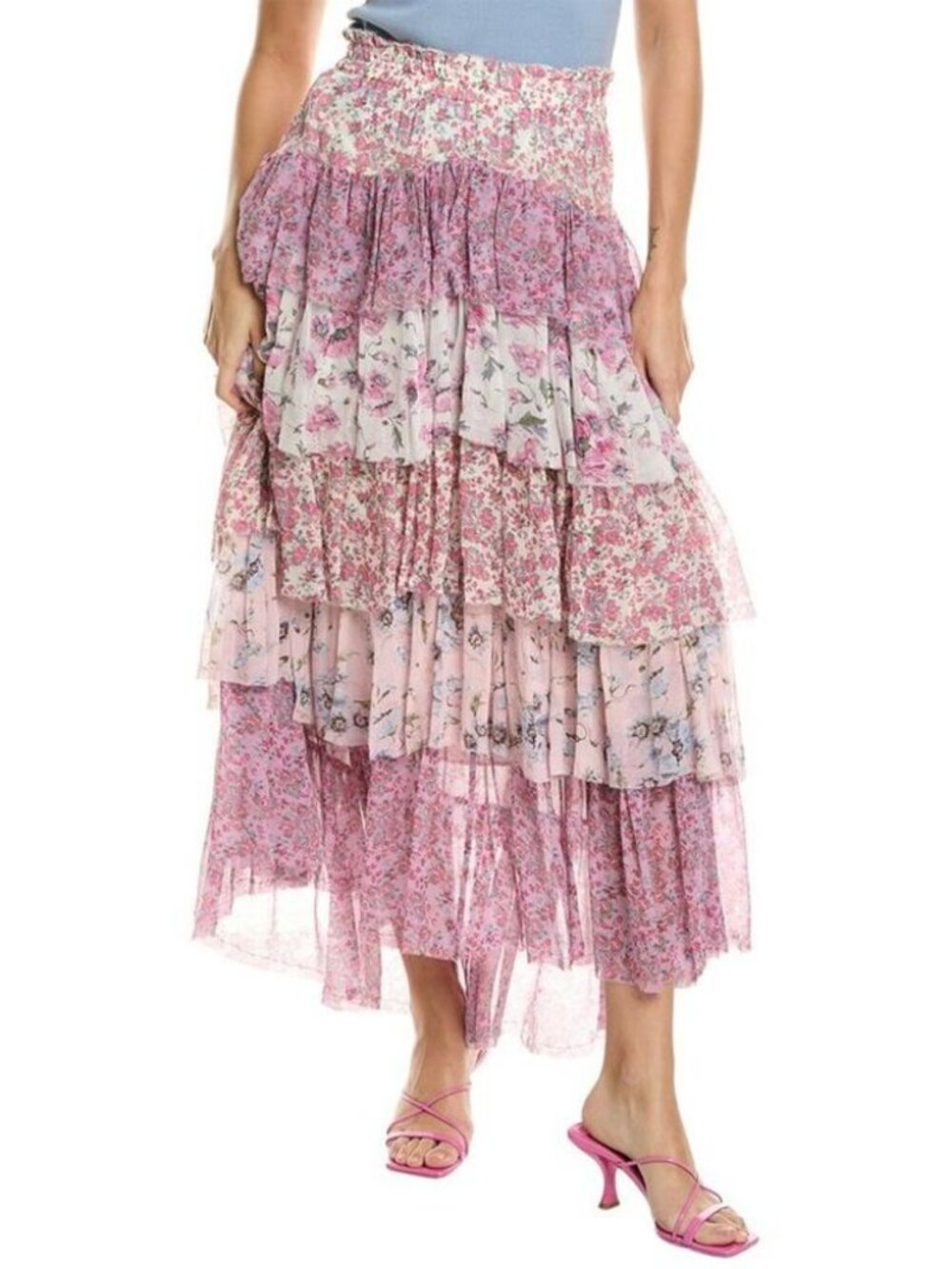 Womens LoveShackFancy Hansen Pink Cream (Item-21) Pure Silk Tiered Maxi Skirt 00